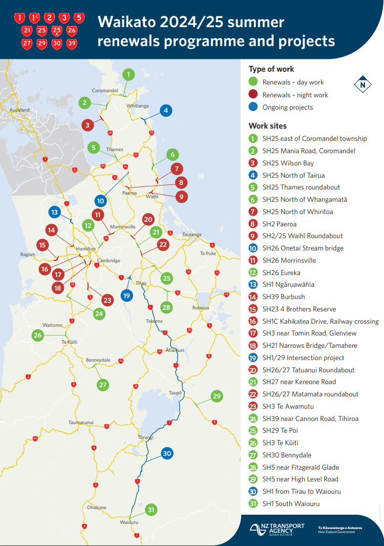 A map showing the Waikato 2024/2025 summer renewals programme and projects