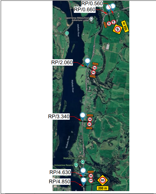 A map showing speed restriction areas for Horahora Road